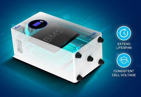 Utilise un BMS intelligent avec une technologie d'équilibrage actif pour améliorer les performances de la batterie, prolonger la durée de vie et assurer une tension de cellule constante.